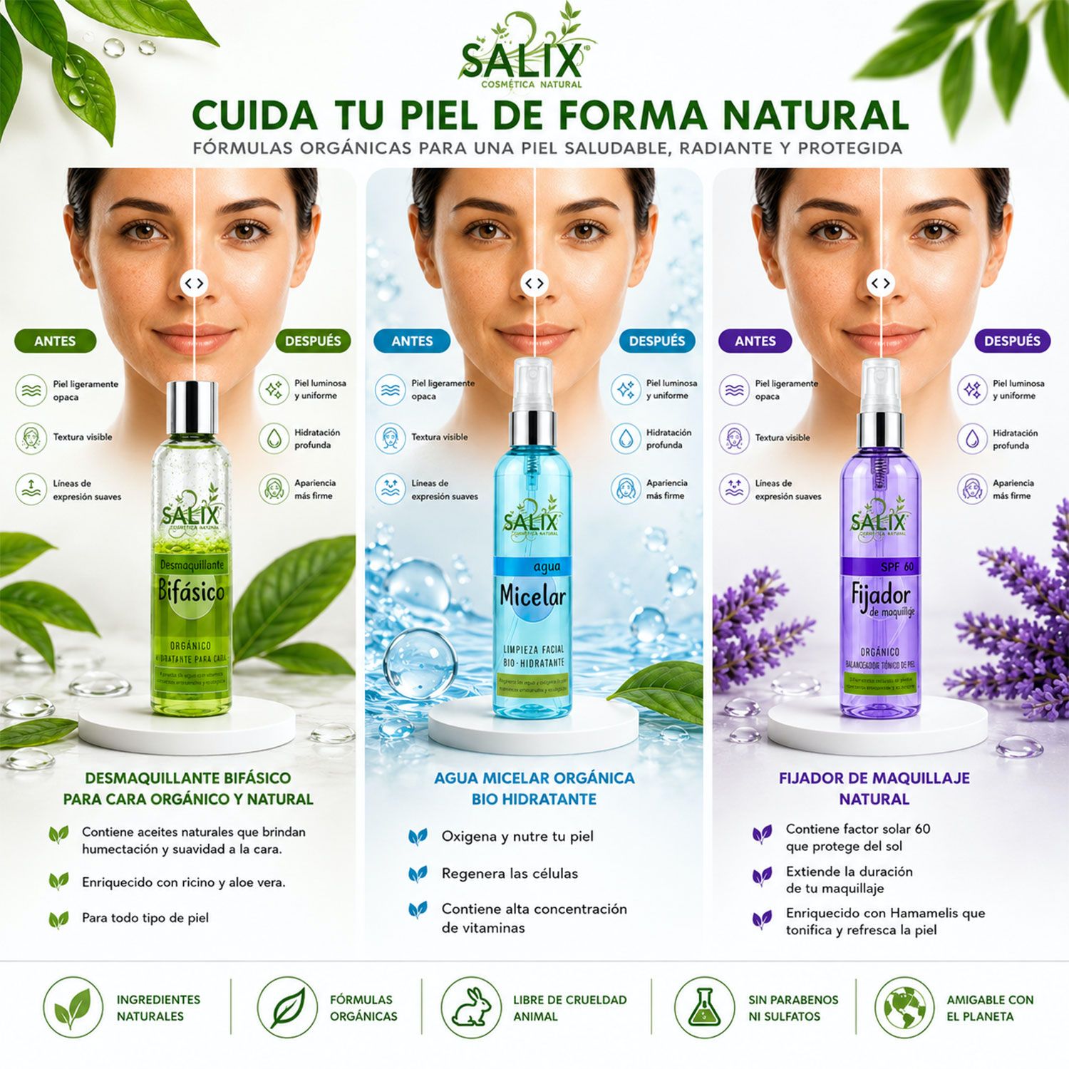 Desmaquillante bifásico, agua micelar y fijador Salix